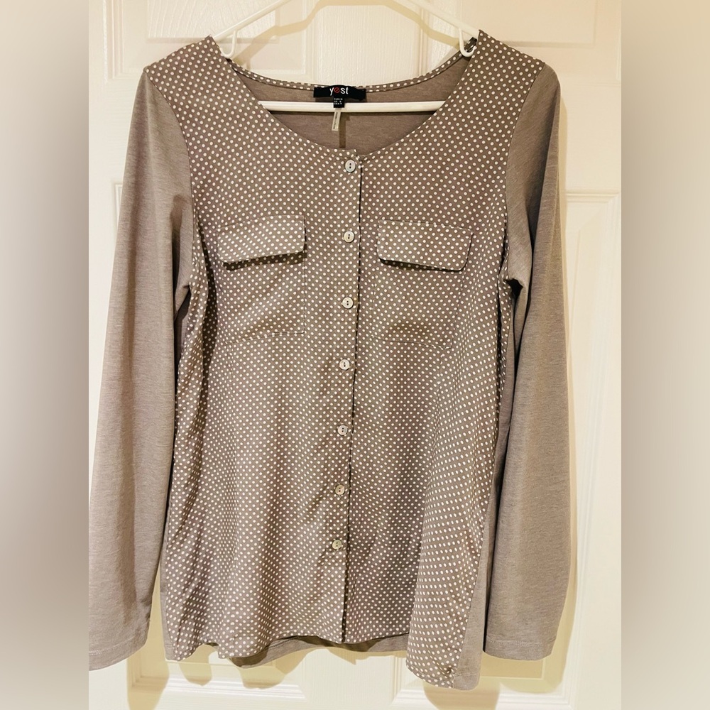 Taupe Women's Long Sleeve Top by YEST XS knitted sleeves and back, front fabric